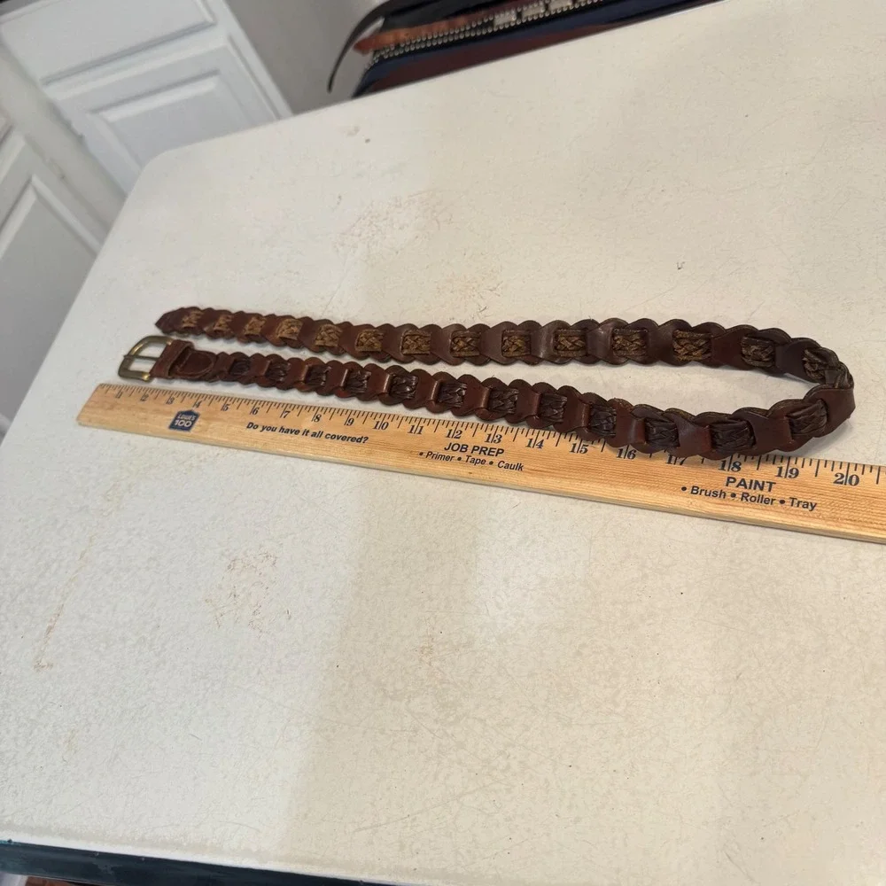Genuine Leather Woven Belt Womens L Brown Braided Brass Buckle 99748